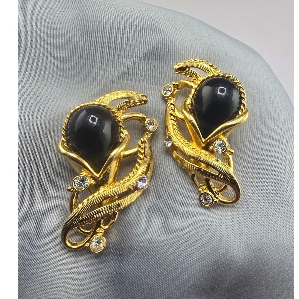 Vintage Barrera for Avon Earrings Gold Black Rhinestone Granada Clip On 1.5in